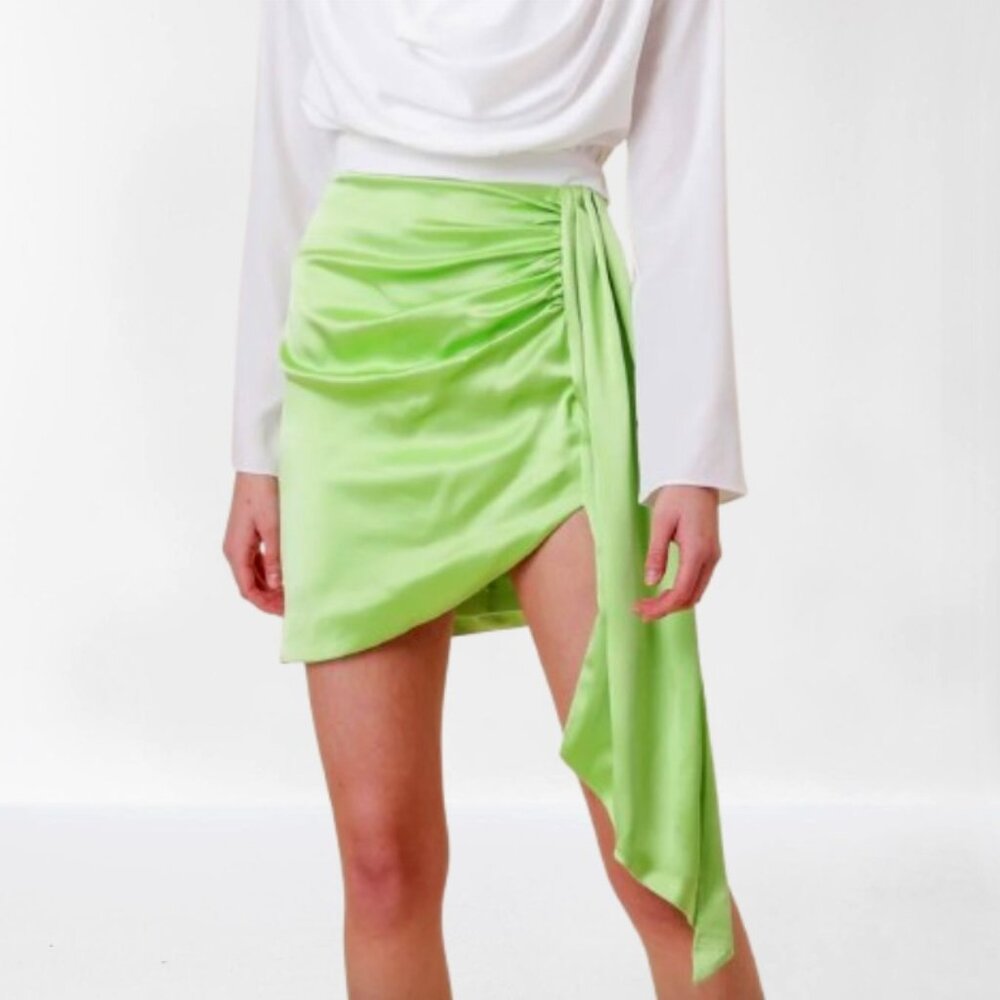 Line and Dot Lizzy Lime Green Satin Asymmetrical Draped Mini Skirt, XS NWT